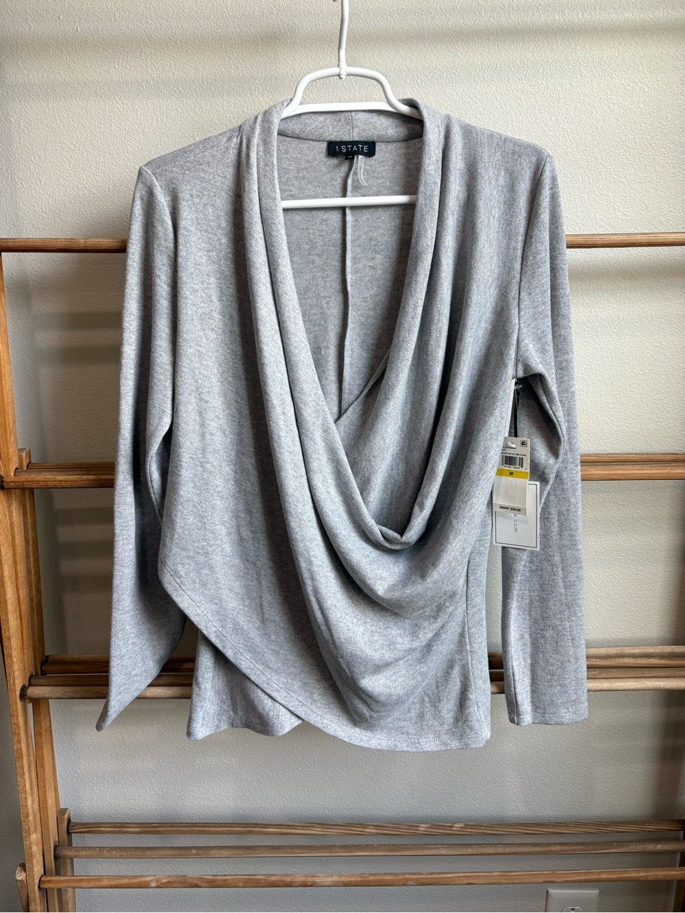 1 STATE Light Gray Draped Cowl Neck Sweater